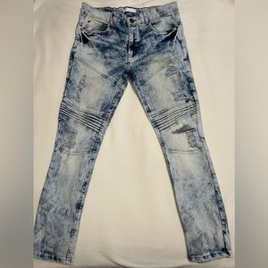 GS-115 Men’s Light Dirty Wash Distressed Skinny Motto Jeans, Size 34.